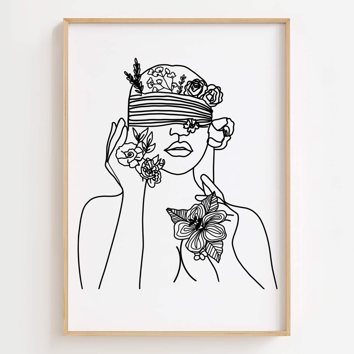 Minimalist line art print of a blindfolded woman with flowers.