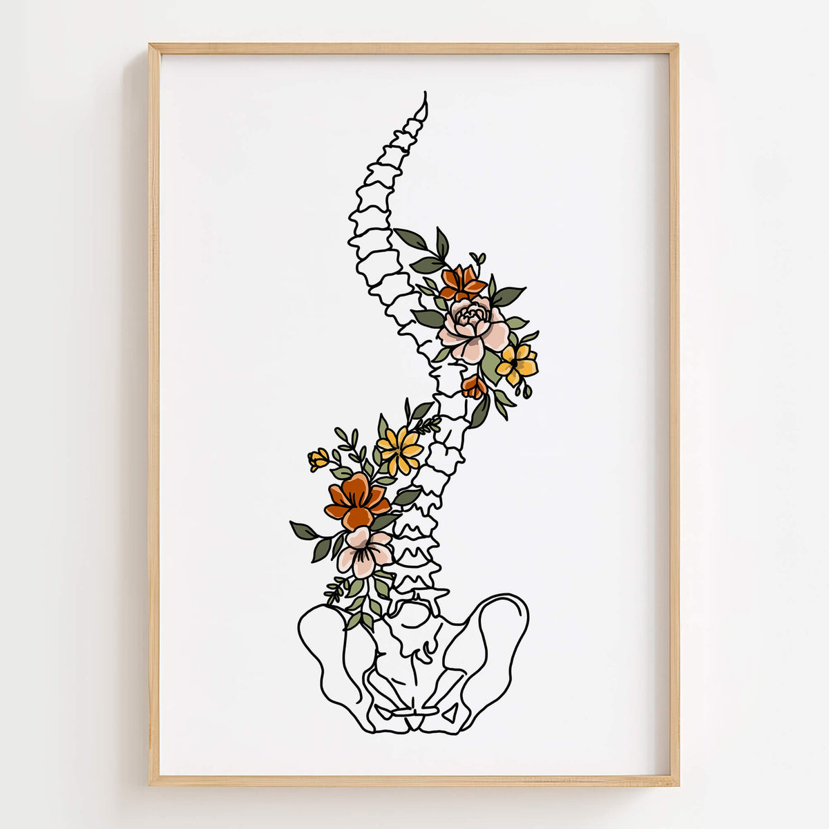 Minimalist spine illustration with colorful flowers in natural wood frame against white wall.