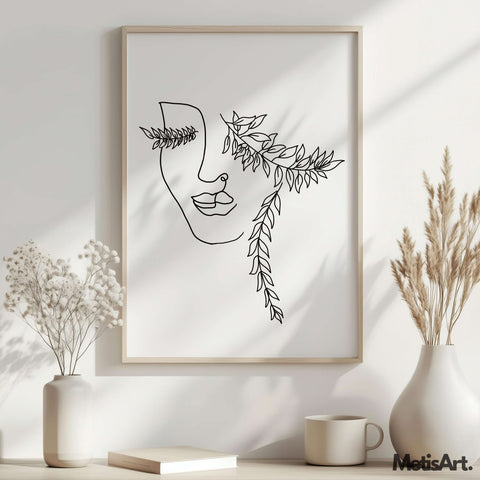 Bohemian woman face line art print in modern feminine decor, enhancing the space with tranquil and elegant art.