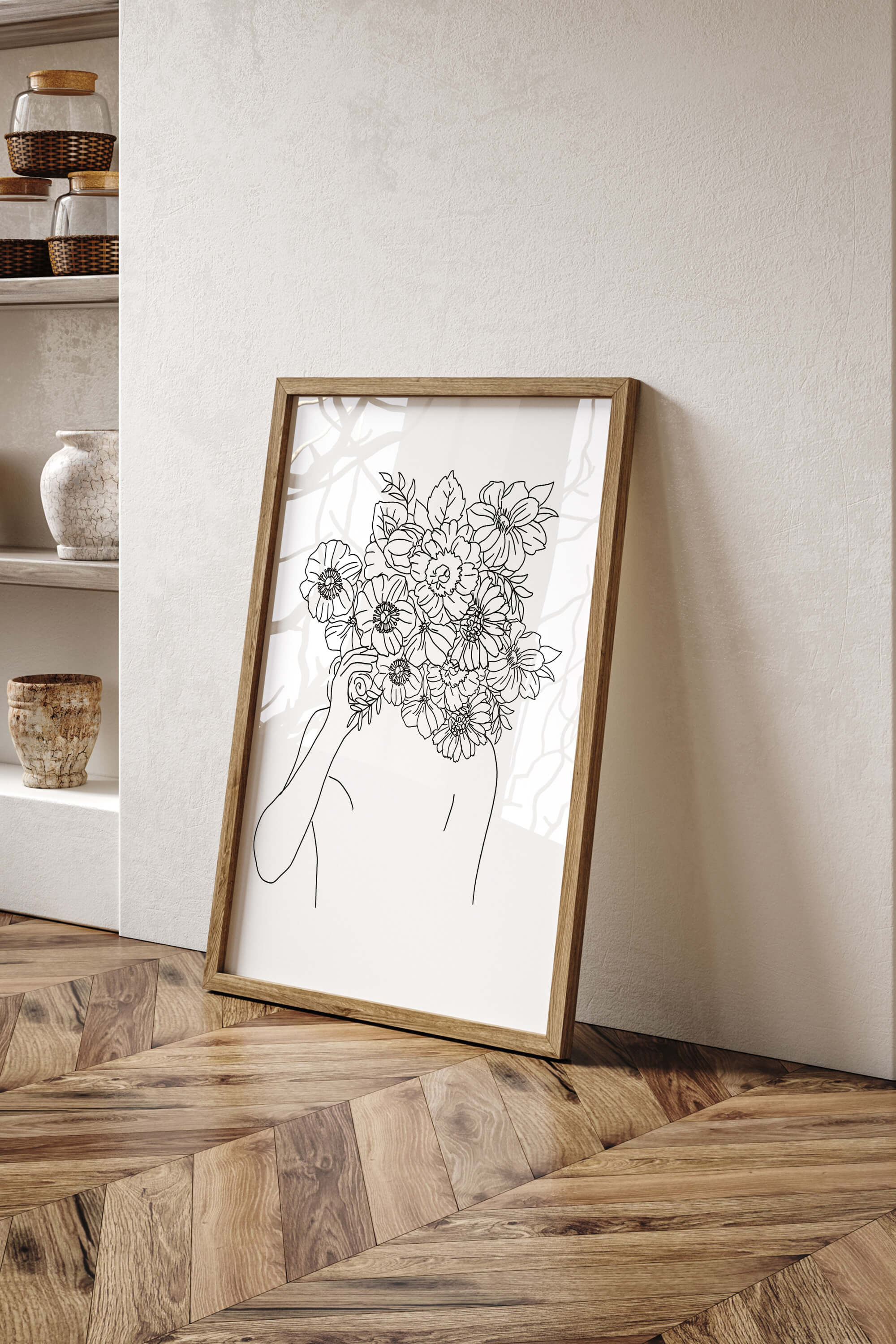 A captivating monochrome line art print, highlighting the beauty of a woman with a flower head – an exquisite piece that adds a touch of nature and elegance to your wall decor.