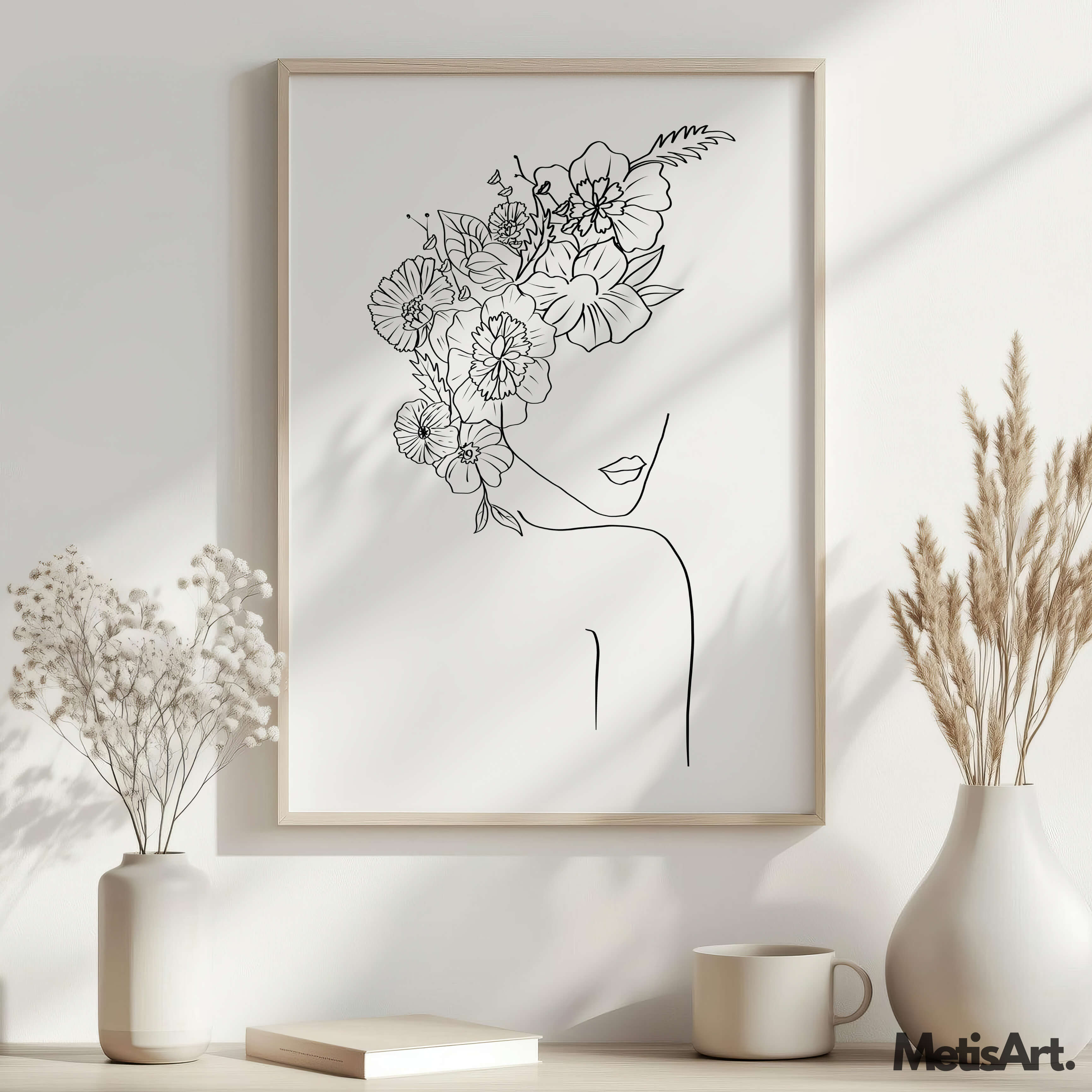 Boho style floral head woman line art print in a bohemian living room, enhancing the space with its artistic and feminine aesthetic.