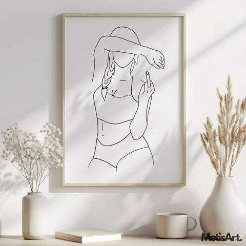 Bold body positivity line art displayed in bedroom decor, empowering and celebrating curvy women.