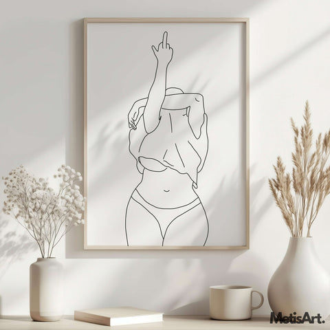 Bold empowerment woman line art in bedroom wall decor, serving as a reminder of strength and body positivity.