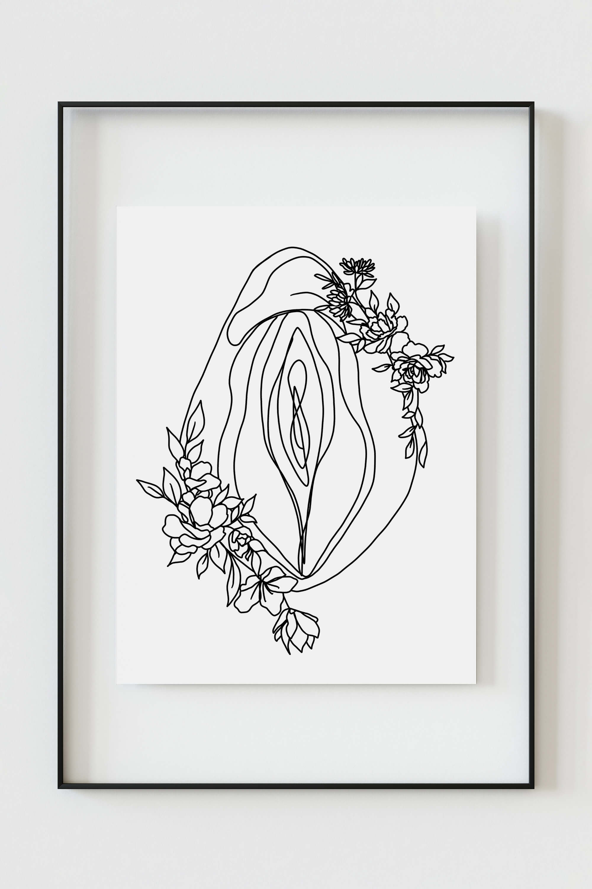 Black and white line drawing of a floral vagina, a powerful and bold feminist statement. The intricate lines capture the beauty and strength inherent in every woman. Ideal for those seeking empowering and modern art prints.