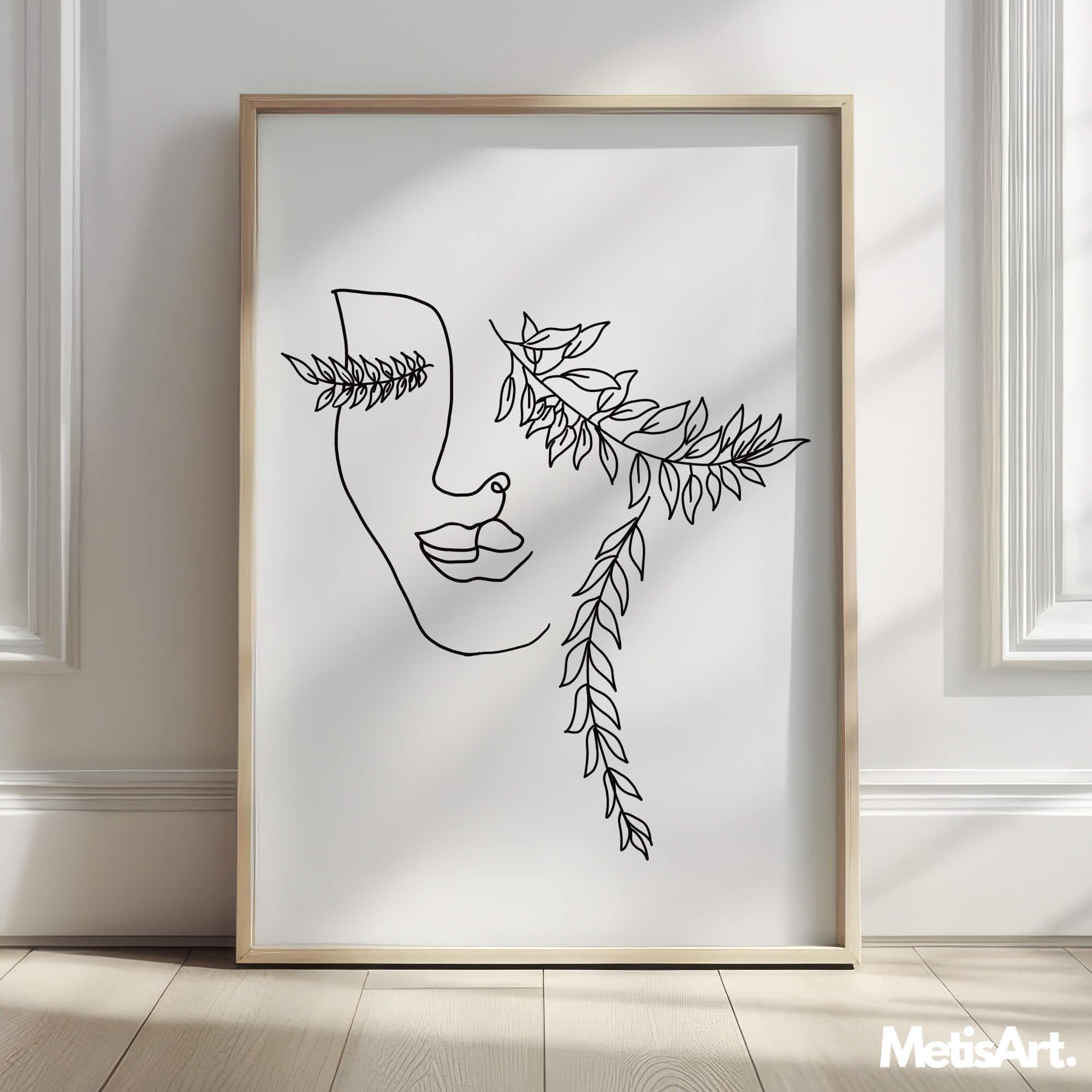 Abstract line drawing of a woman's face with delicate botanical leaf details.