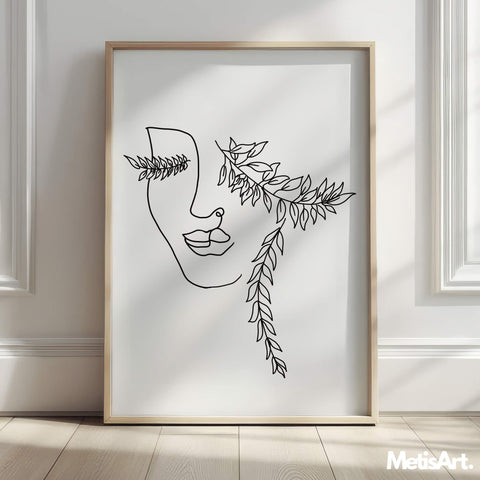 Close-up of serene woman face boho line art drawing, capturing the essence of nature and feminine beauty.