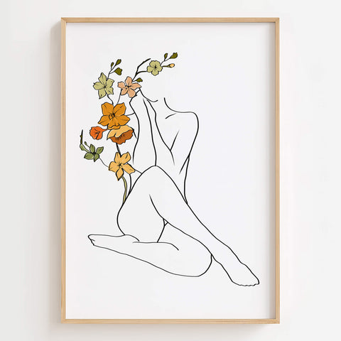 Botanical elegance woman line art with floral details