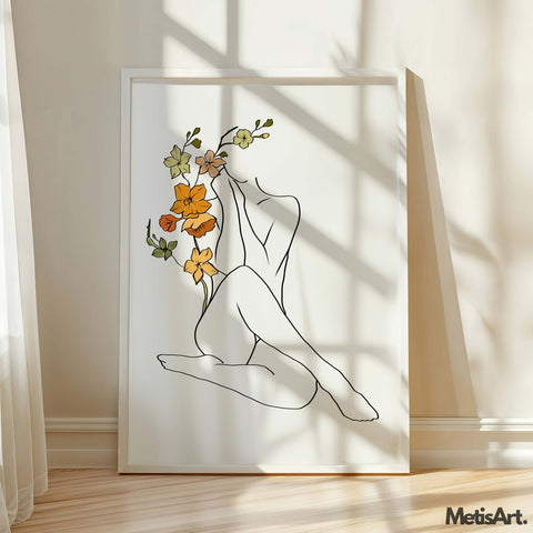 Floral line art of a woman with delicate botanical accents