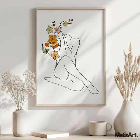 Modern woman line art with botanical touches and floral elements