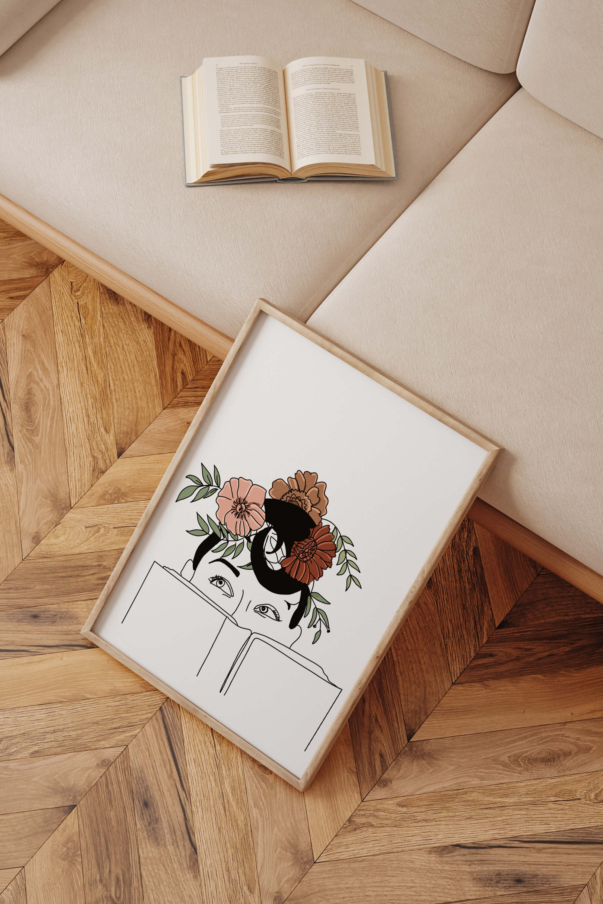 Botanical female portrait line art, capturing the tranquility of reading amidst nature, a sophisticated wall accent.
