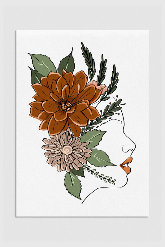 A close-up of the Botanical Floral Woman Head Art Print, showcasing nature-inspired femininity in intricate details. 2000