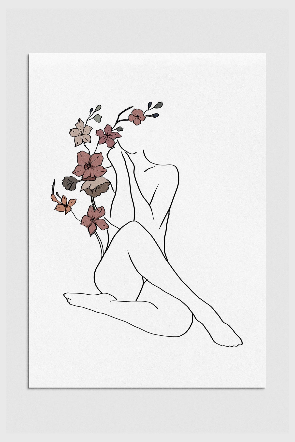 Detailed line art of a woman surrounded by botanical elements, celebrating the beauty of femininity in a poster.