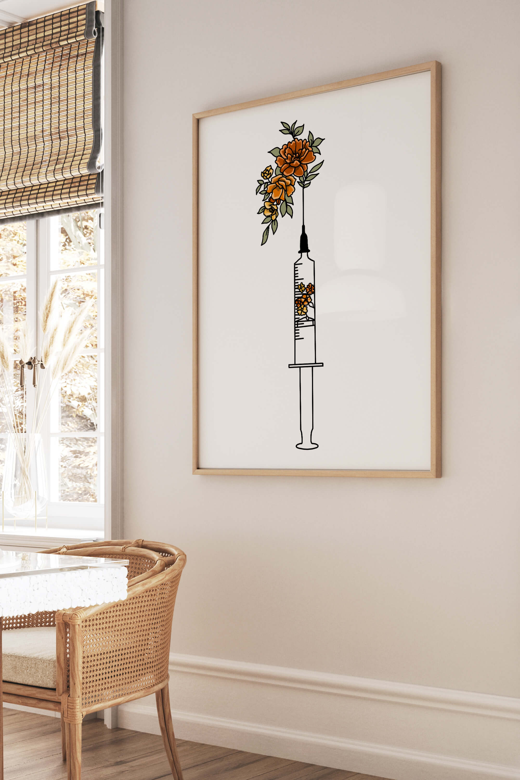 Botanical Syringe Wall Art depicting a syringe with flower details, ideal for healthcare settings seeking a touch of color and art.