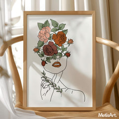 Detail shot of the woman's hand holding a branch in the art print.