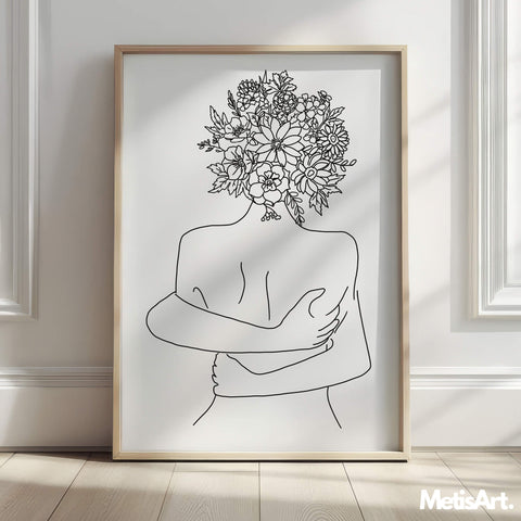 Monochrome portrait of a woman embracing herself, line art, floral head.