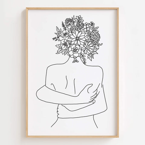 Black and white minimalist line art of a woman hugging herself with a floral head.
