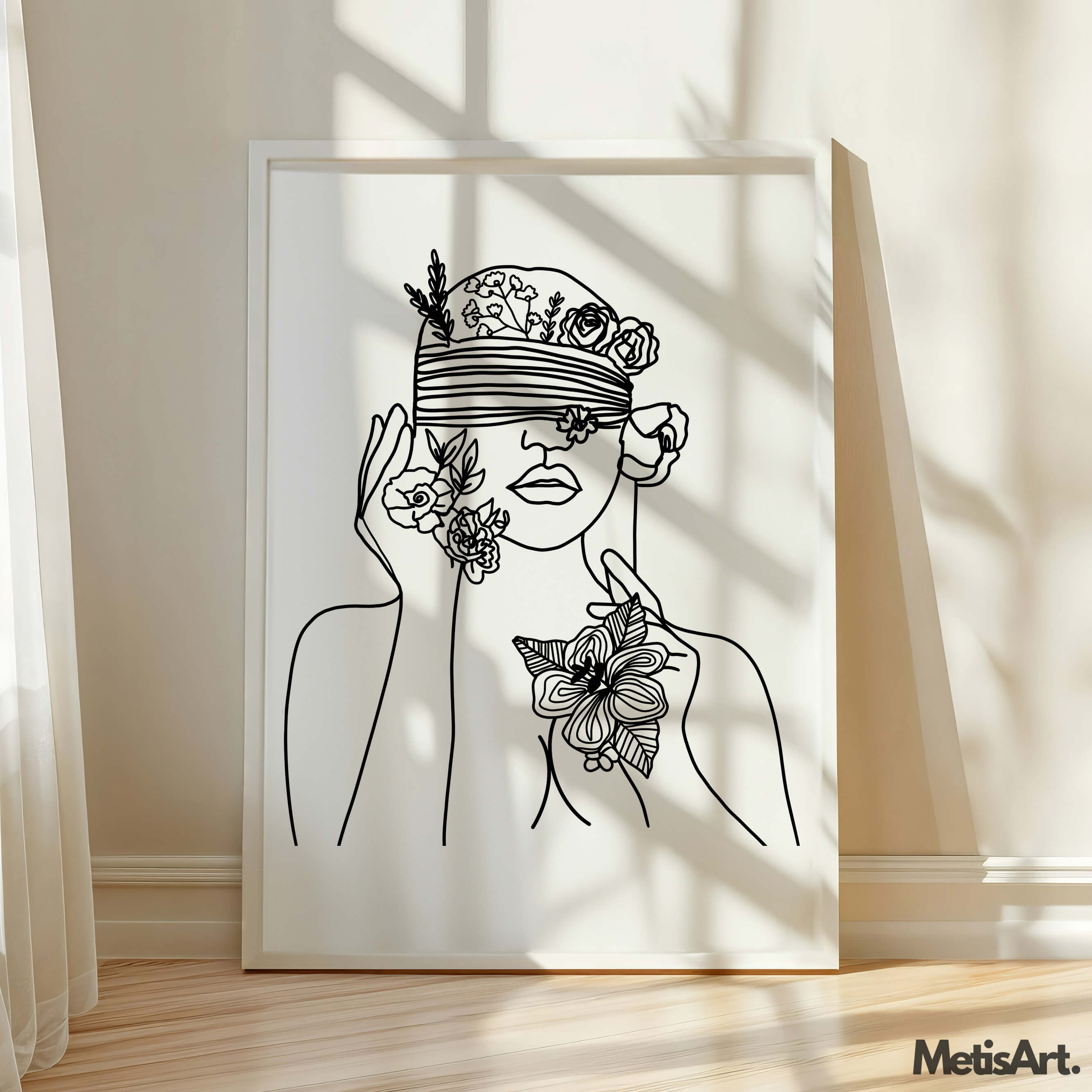 Black line drawing: blindfolded woman, floral accents, modern print.