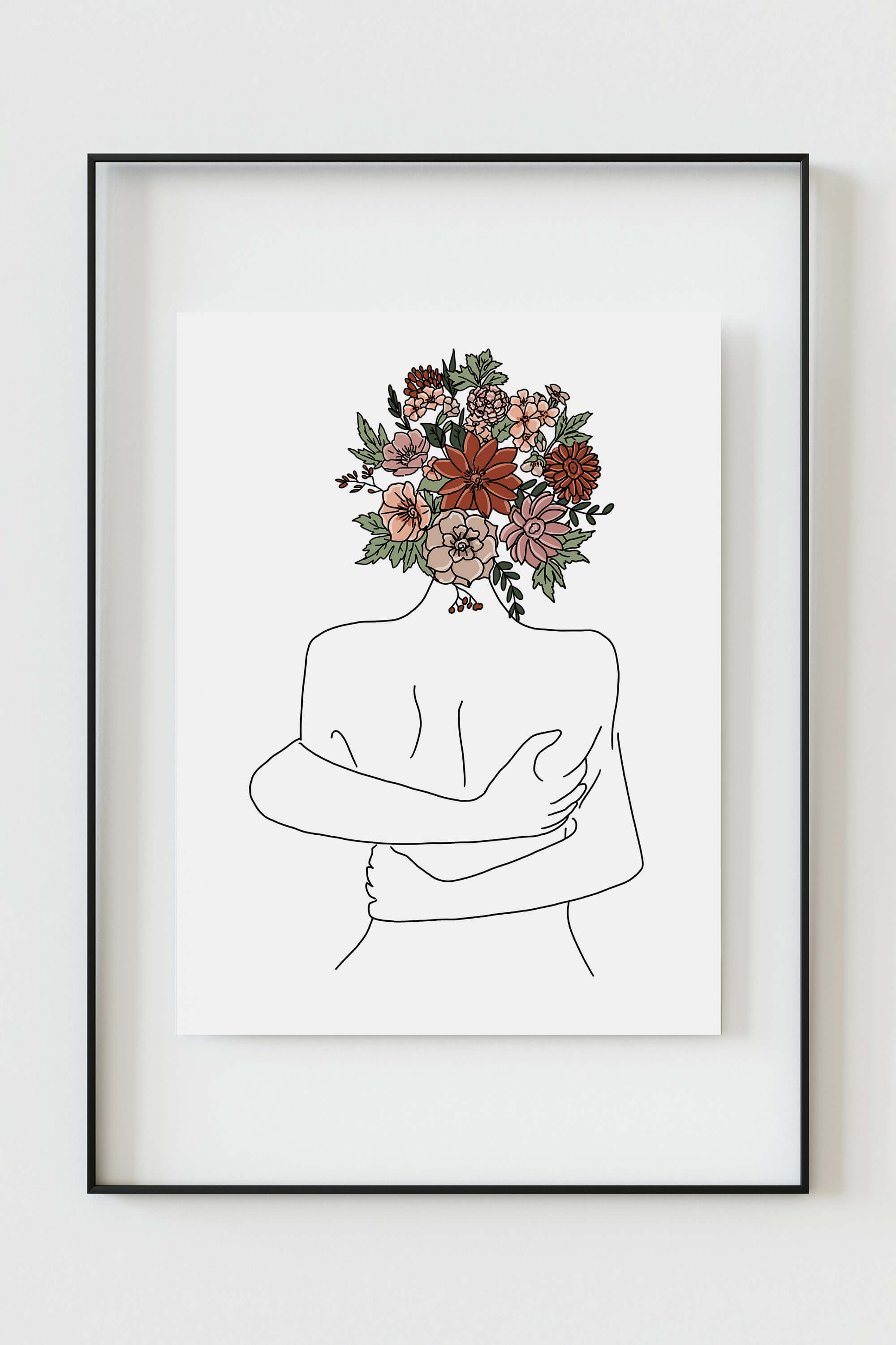 Sensual simplicity comes to life in this art print, showcasing a couple in a dance of emotions with flower heads. The abstract and minimalist design adds a touch of uniqueness, making it an ideal choice for those seeking modern and intimate bedroom wall art.