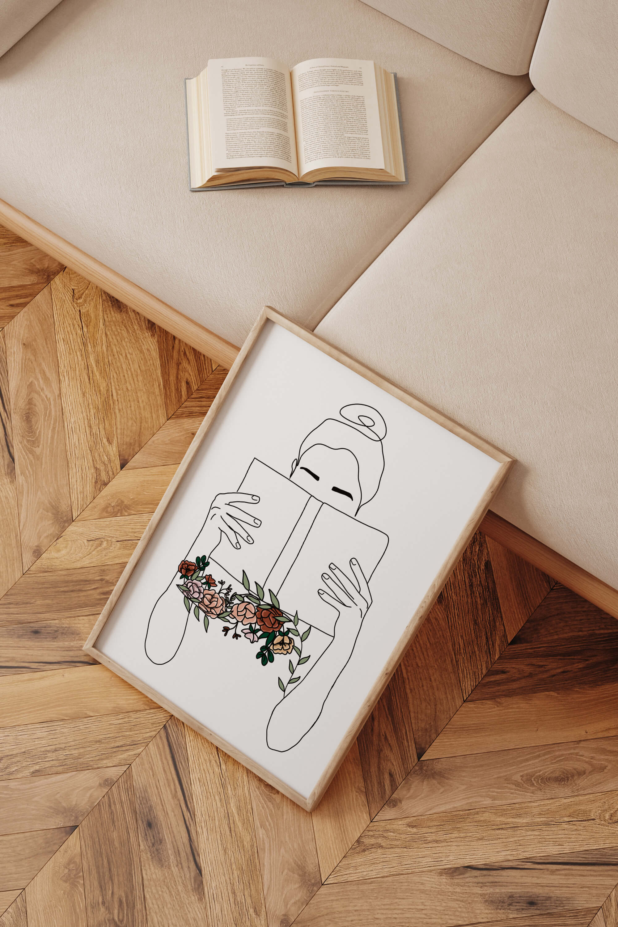 Woman Reading Book Line Art: Floral Bookish Wall Decor
