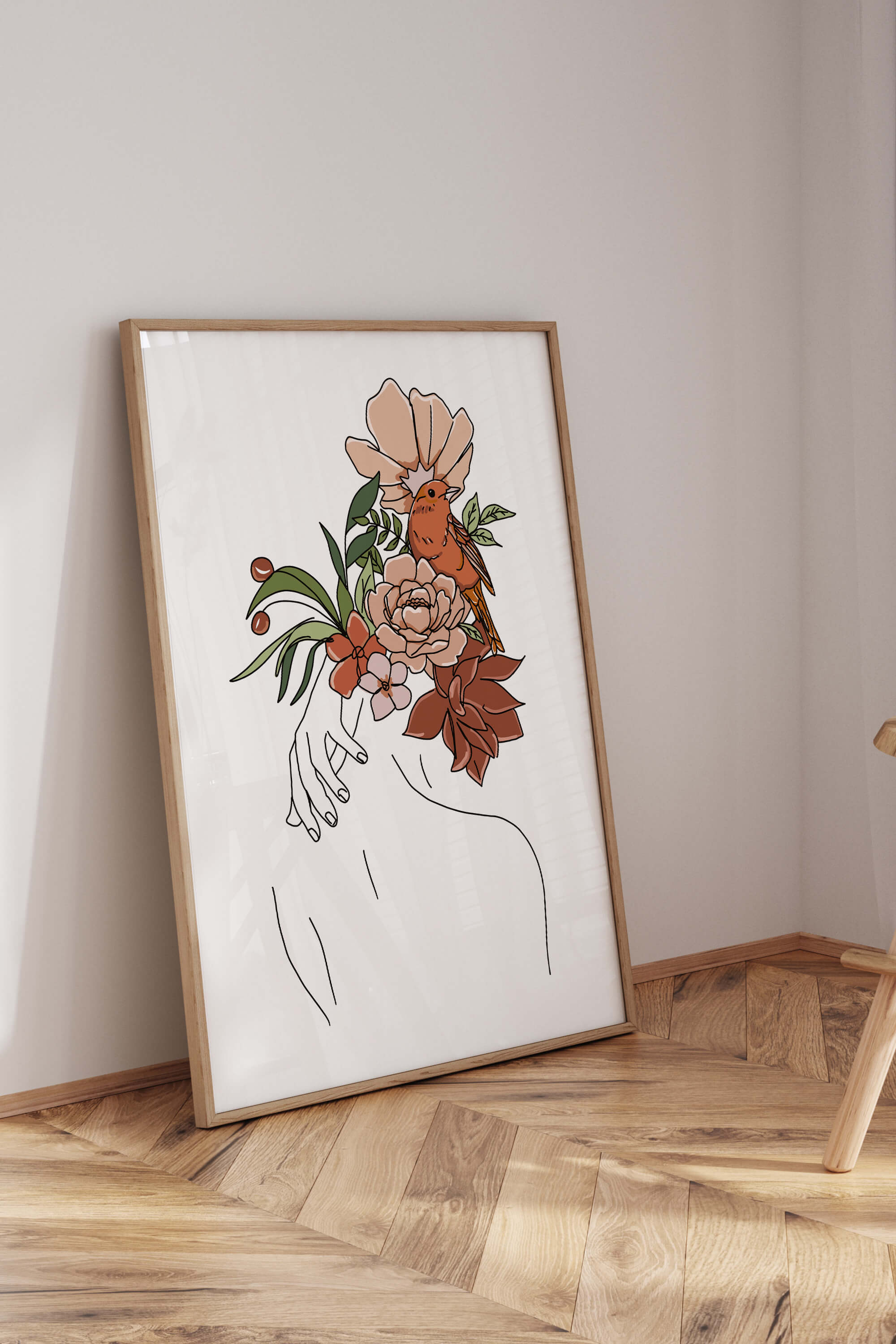 Captivating line art print of a woman's back with a floral crown, exuding grace and elegance for interior decor.