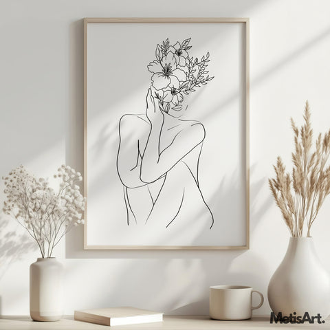 Chic boho feminine art print on a white wall, perfect for modern, minimalist decor.