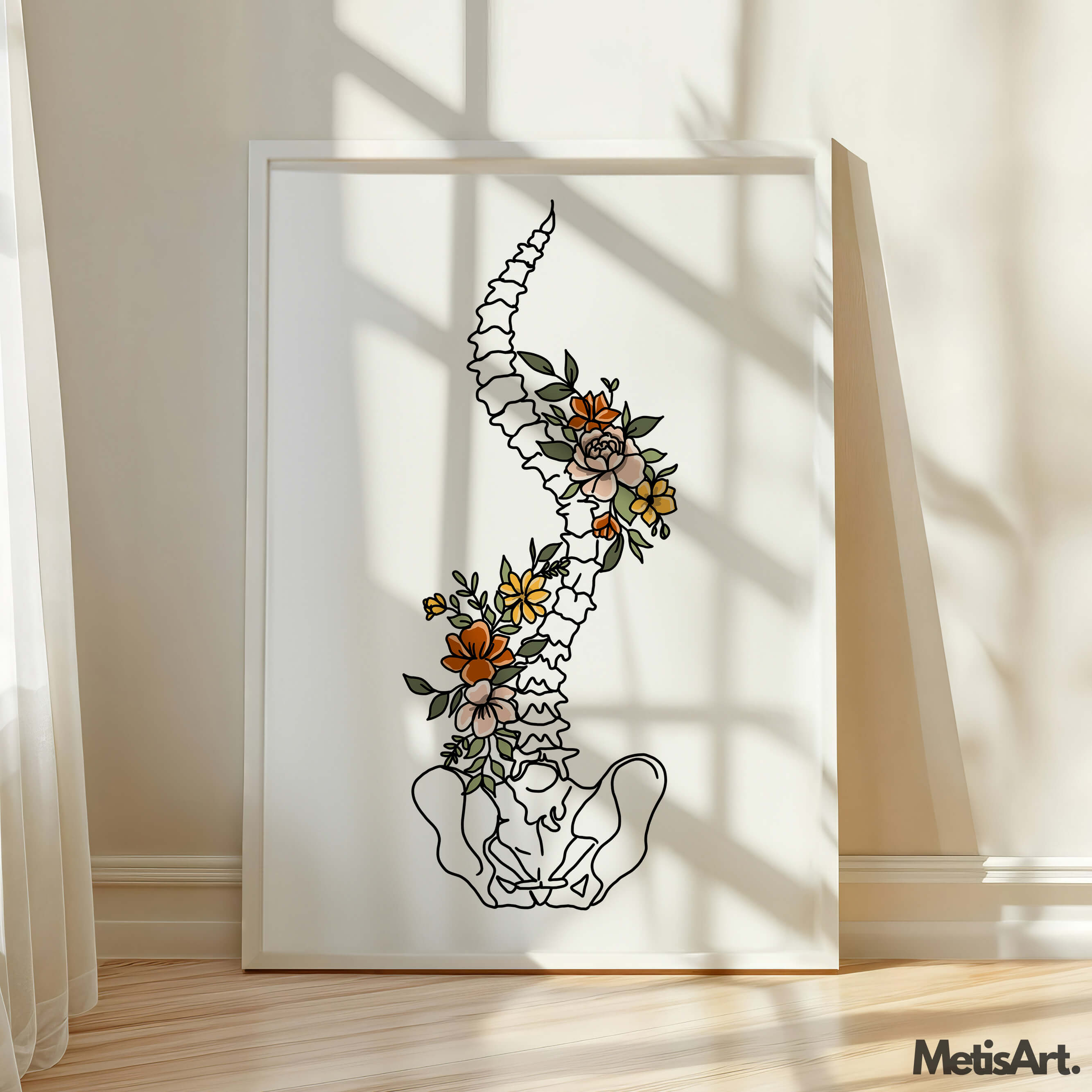 Human spine line drawing with integrated flowers displayed in natural wood frame.