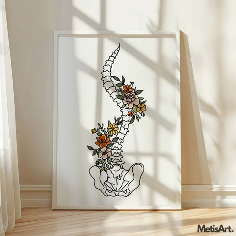Human spine line drawing with integrated flowers displayed in natural wood frame.