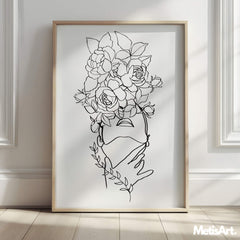 Close-up of feminine line art woman with a flower head, showcasing the beauty of botanical design.
