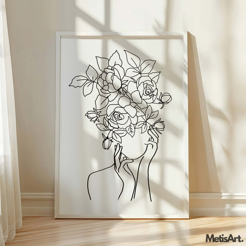 Close-up of feminine woman face with floral elements, showcasing intricate details and a graceful design.