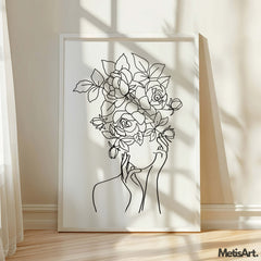 Close-up of feminine woman face with floral elements, showcasing intricate details and a graceful design.