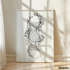 Black-and-white floral DNA wall art hanging in a biology classroom, enhancing the educational atmosphere.