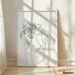 Monochrome floral head woman body art hanging in a bathroom, adding elegance and body positivity to the space.