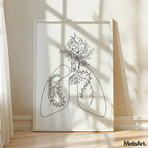 Close-up of floral lungs line art drawing, showcasing intricate details and floral elements.