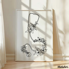 Black-and-white floral stethoscope art in a nurse’s office, creating a sophisticated and calming atmosphere.