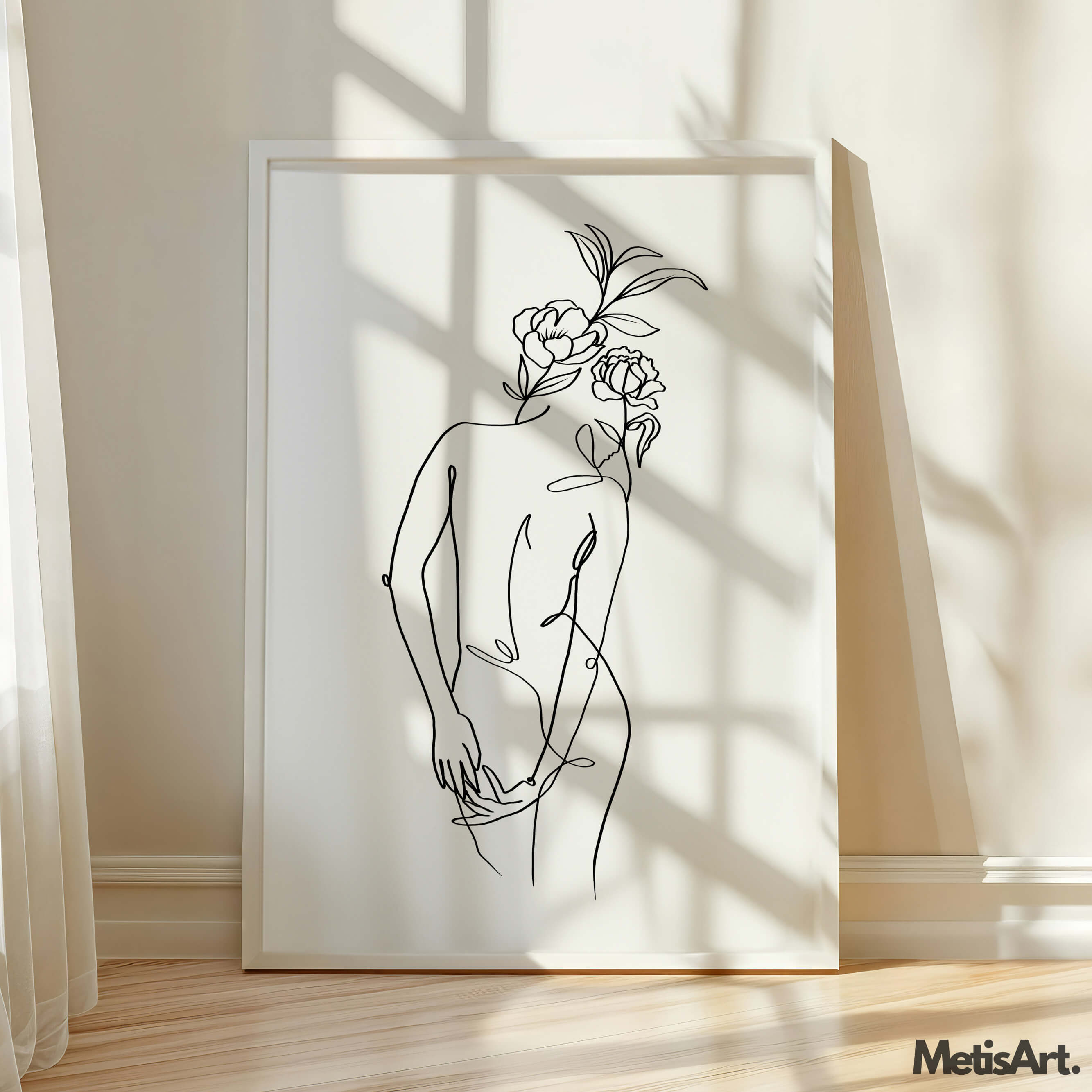 Black-and-white floral head woman back wall art in a bedroom, adding timeless beauty to the decor.