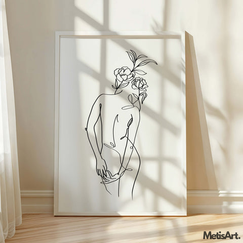 Black-and-white floral head woman back wall art in a bedroom, adding timeless beauty to the decor.