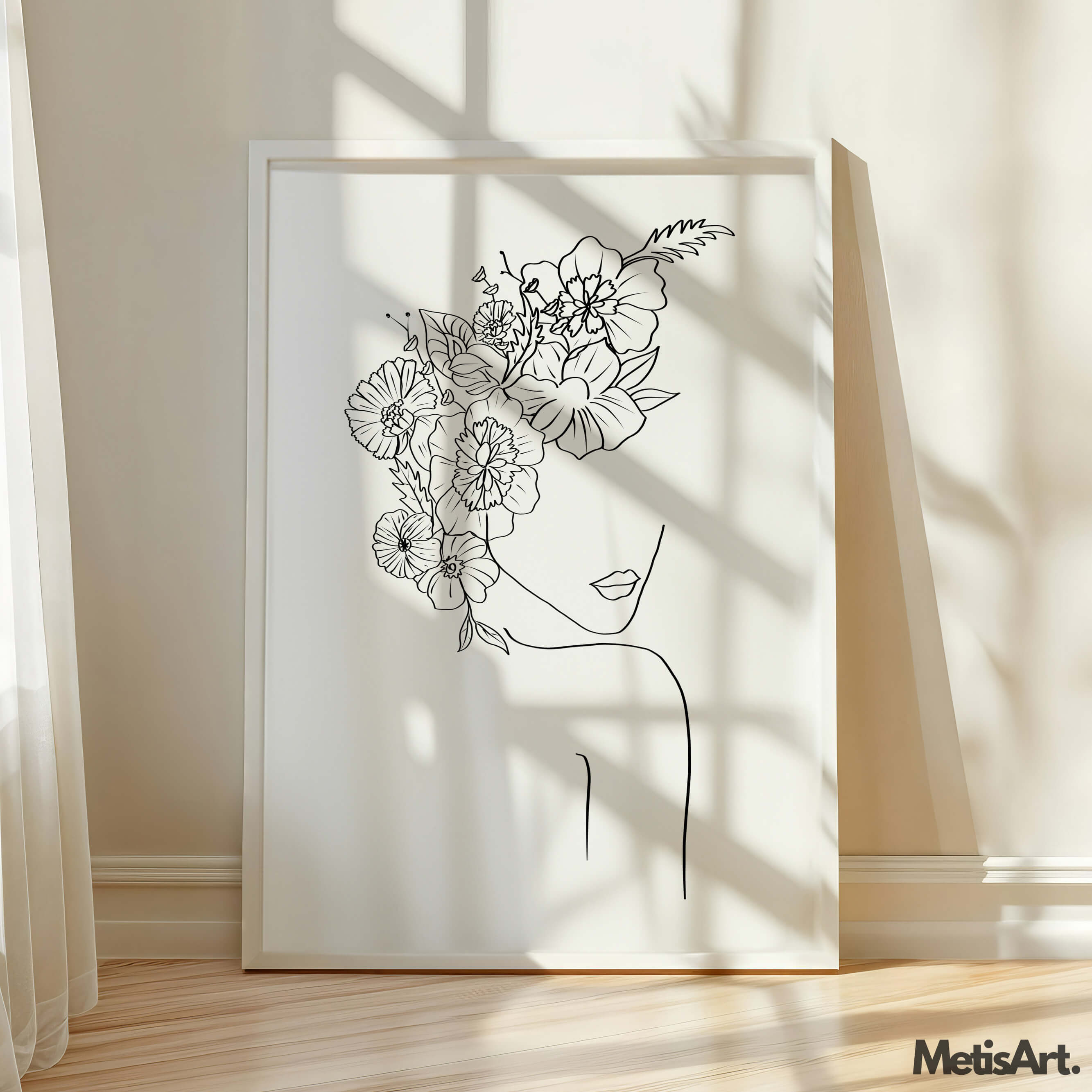 Floral face woman wall art in a bathroom, creating a chic and calming atmosphere with nature-inspired beauty.
