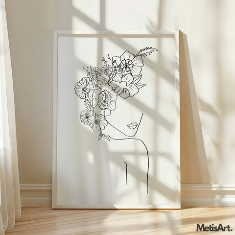 Floral face woman wall art in a bathroom, creating a chic and calming atmosphere with nature-inspired beauty.