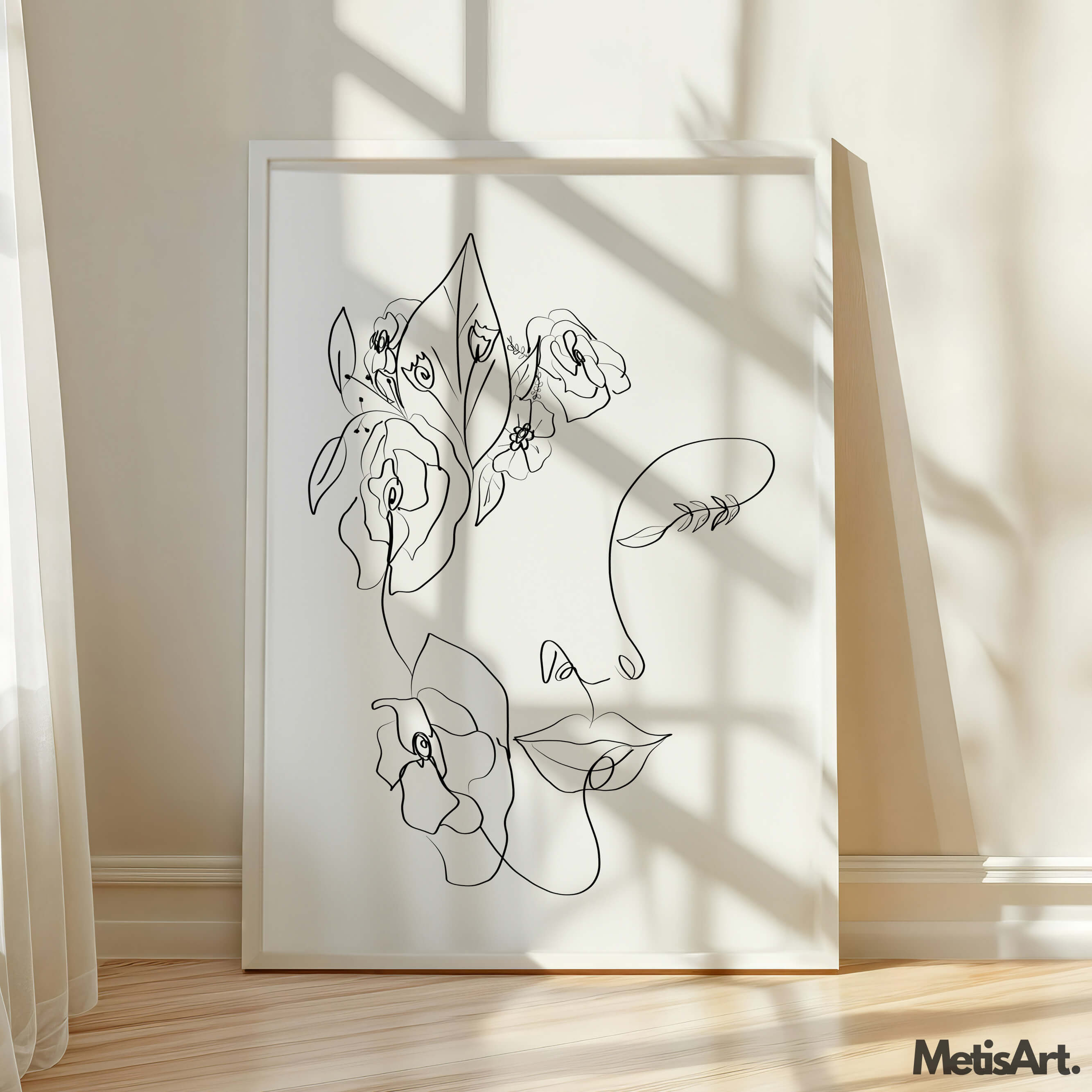 Black-and-white floral woman face line art displayed in a contemporary living room, enhancing the decor with minimalist beauty.