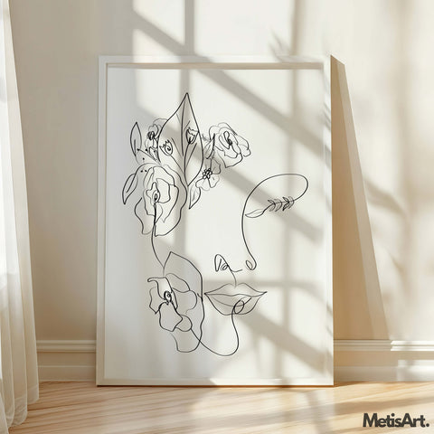 Black-and-white floral woman face line art displayed in a contemporary living room, enhancing the decor with minimalist beauty.