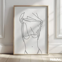 Close-up of nude woman line drawing in black and white, symbolizing strength and body positivity.