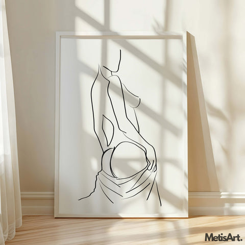 Black-and-white woman back line art displayed in a modern bedroom, bringing a sensual yet classy touch to the room.