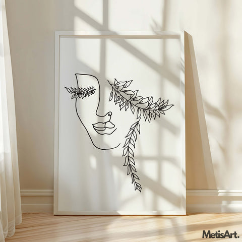 Black and white nature-inspired woman portrait in a boho space, bringing peaceful and minimalist beauty to the room.