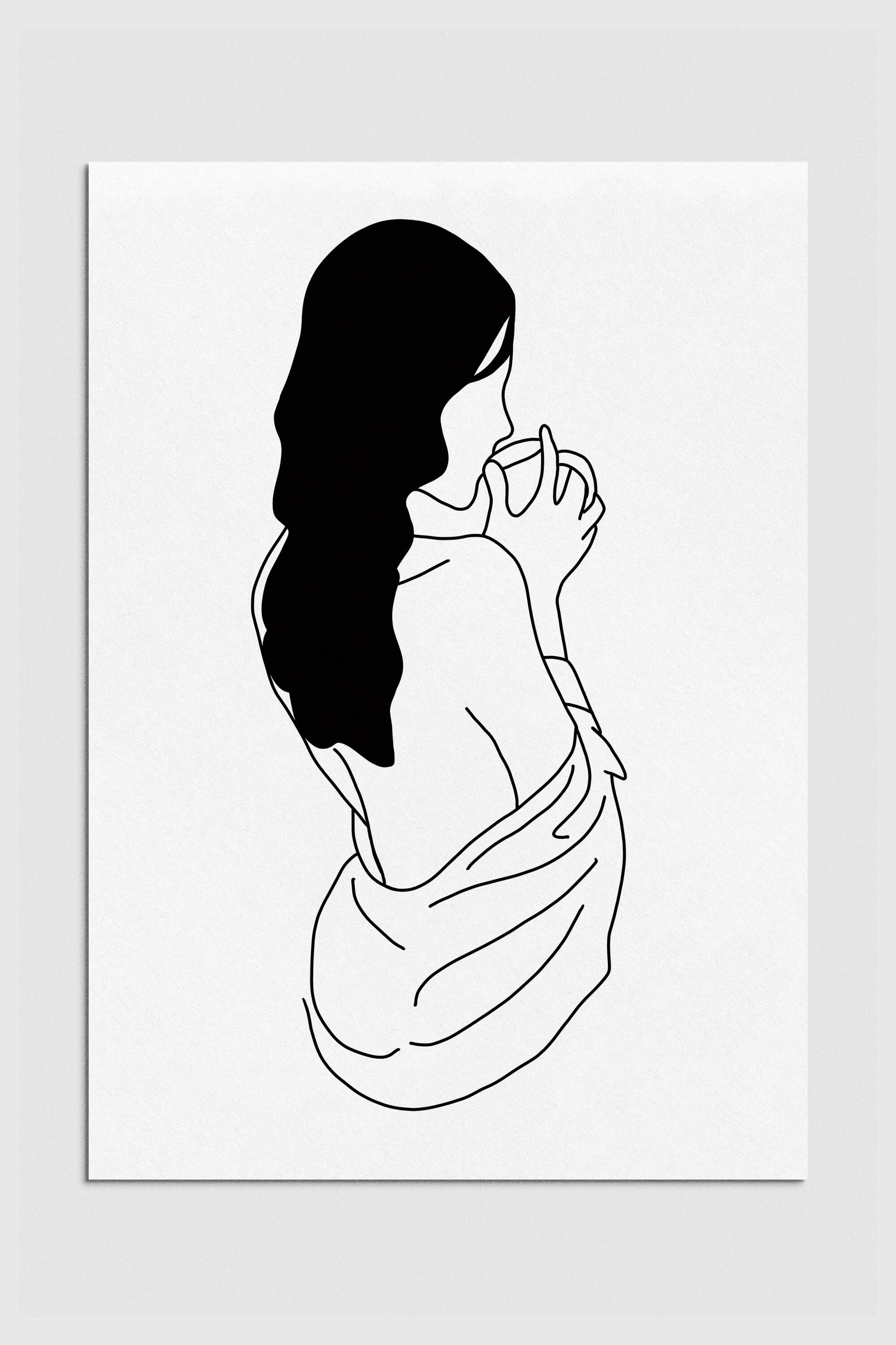 A minimalist line art print featuring a chic woman's silhouette in rich coffee tones. The artwork combines modern boho and minimalist home decor styles, creating a captivating visual experience. Perfect for those seeking trendy wall art with a touch of sophistication.