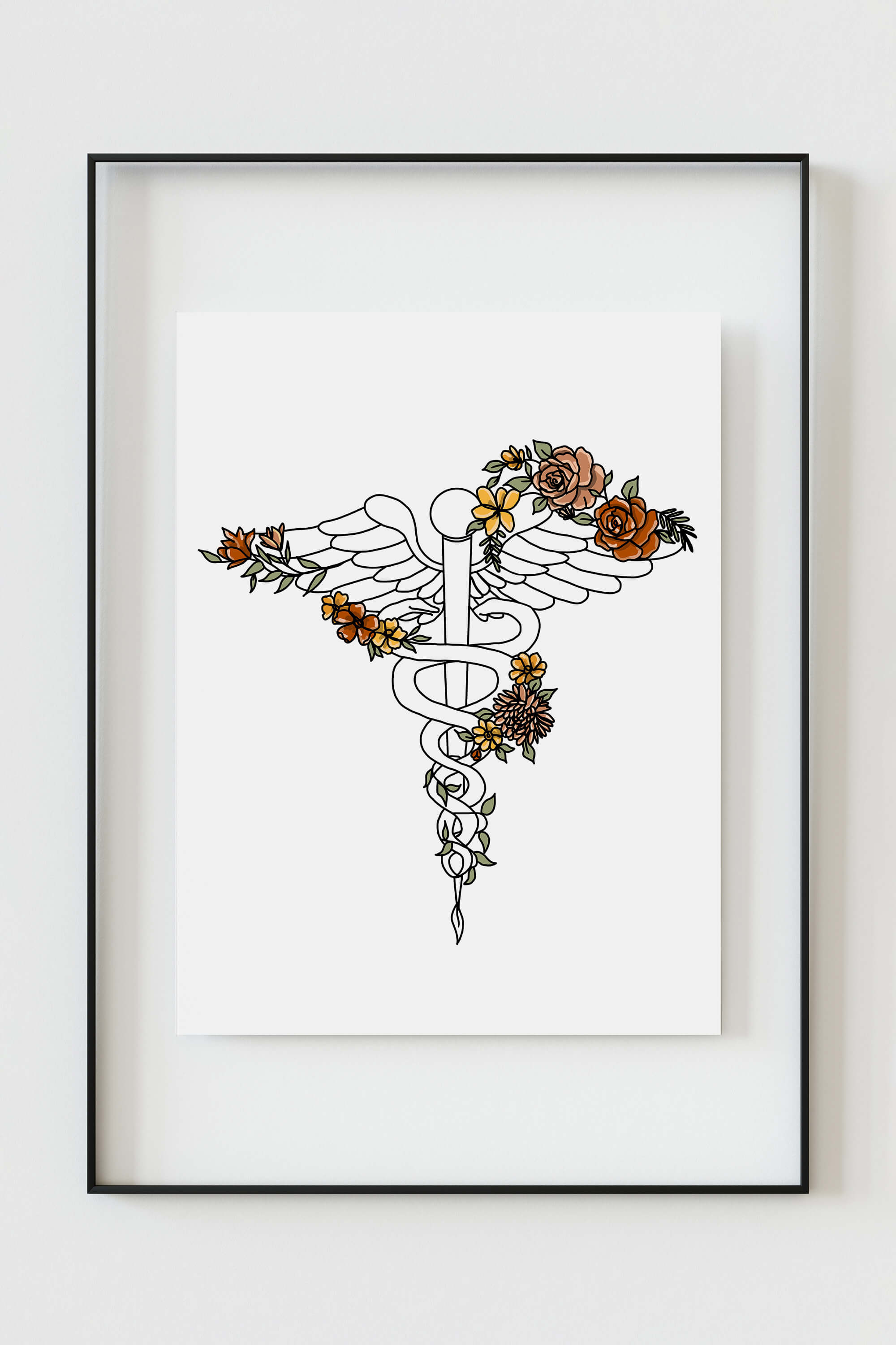Colorful Caduceus Wall Art adding a touch of warmth to therapist offices with modern floral accents.