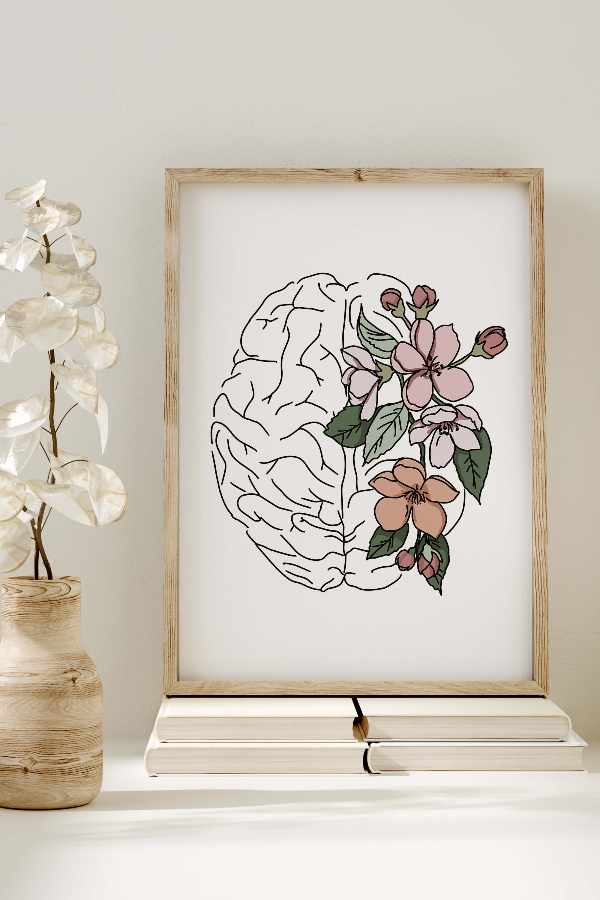 Abstract Brain Art with vibrant floral patterns, ideal for enhancing modern medical office decor.