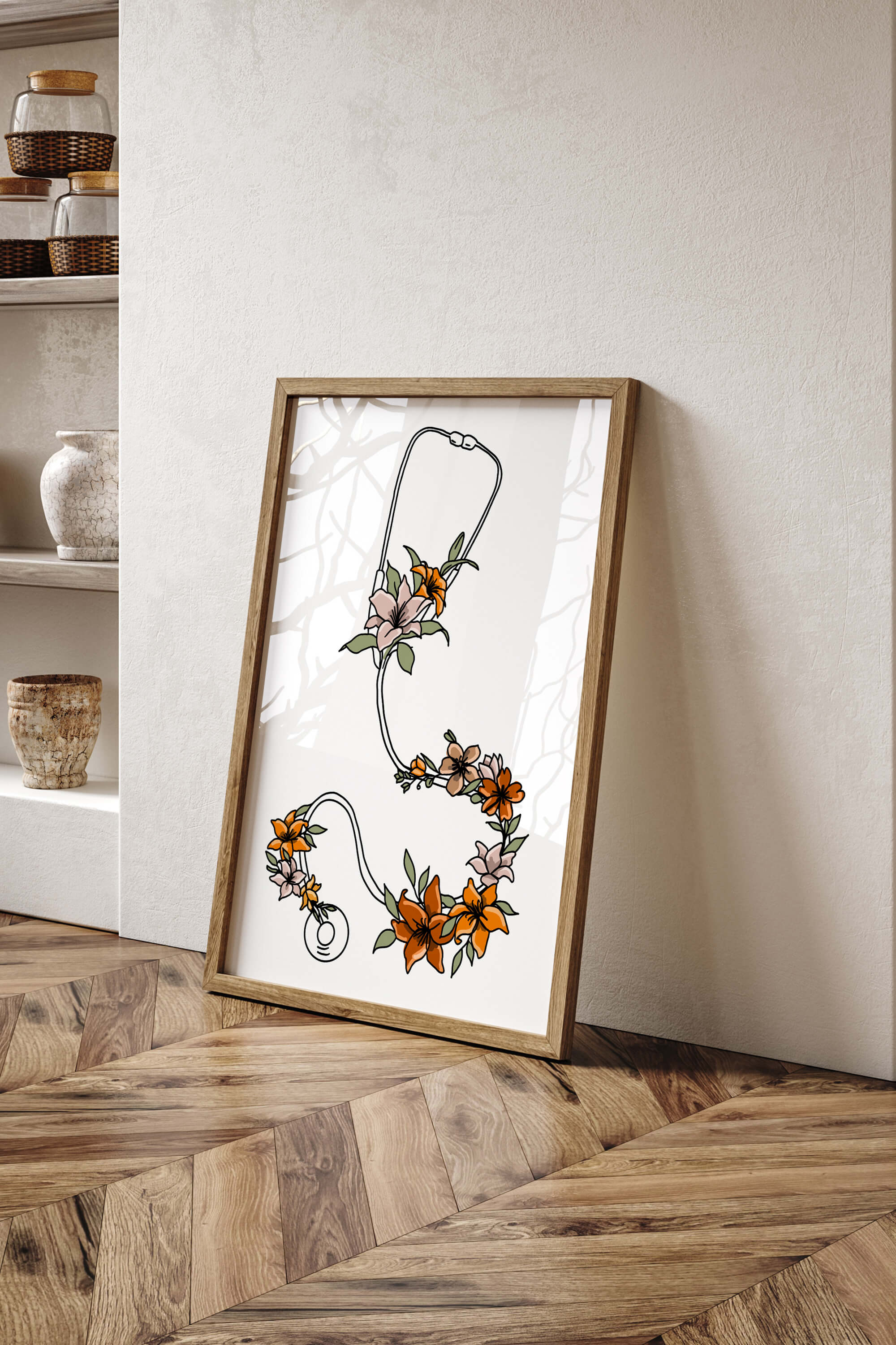 Colorful stethoscope wall art against a white background, blending medical themes with botanical aesthetics.