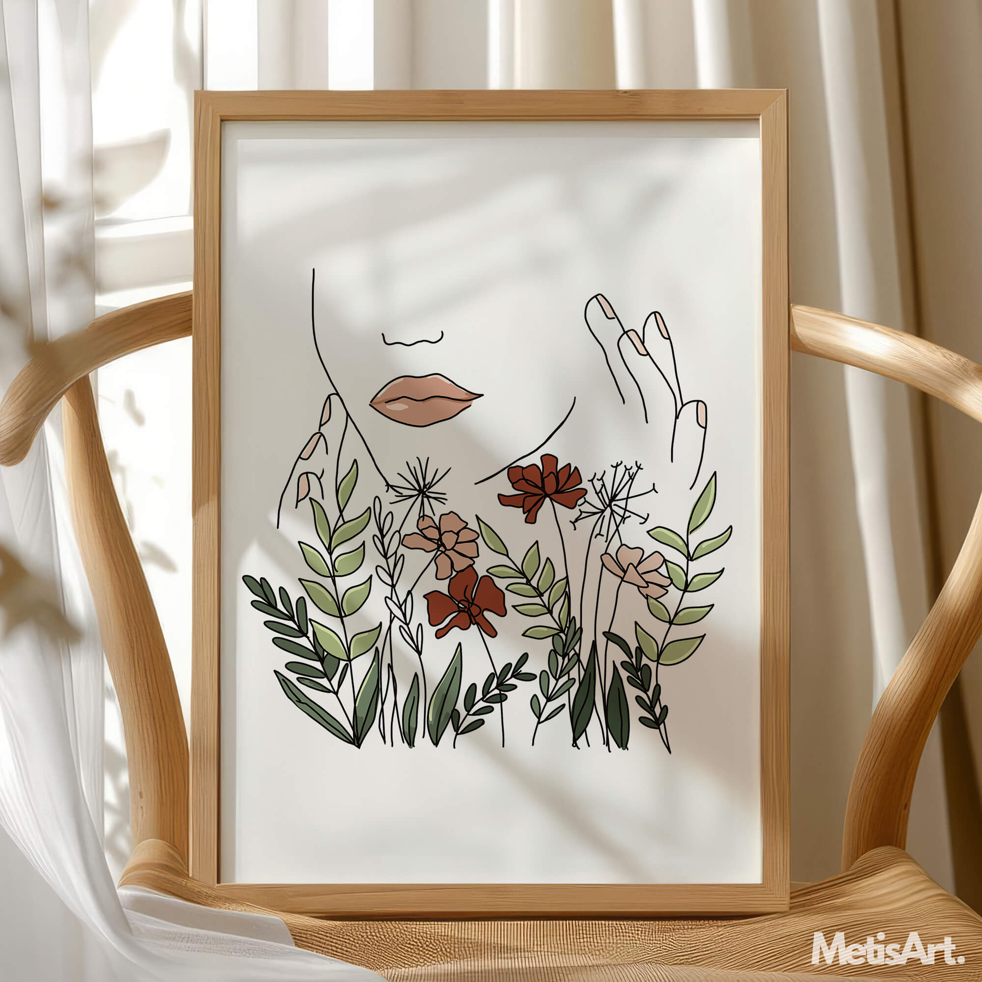 Colorful botanical line art print framed and hung on a white wall.