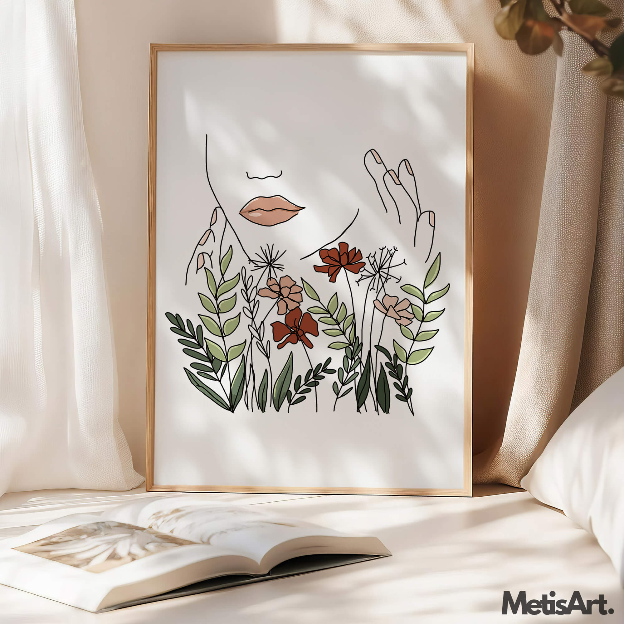 Detail of the woman's face and lips in the botanical line art print.