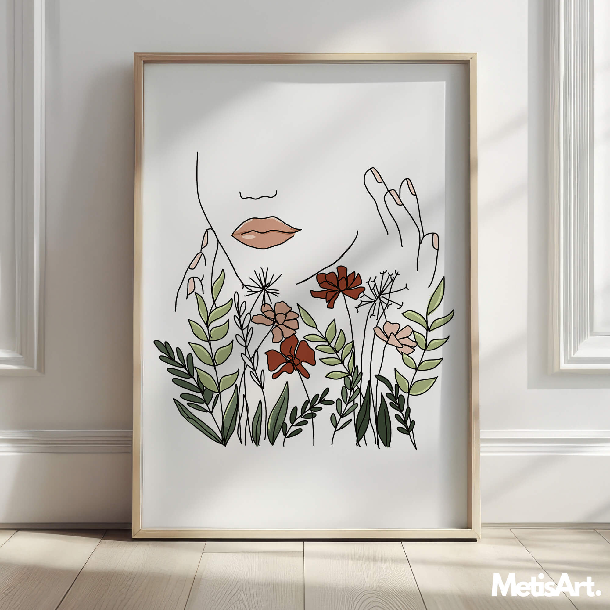 Close-up of the colorful flowers in the botanical line art print.